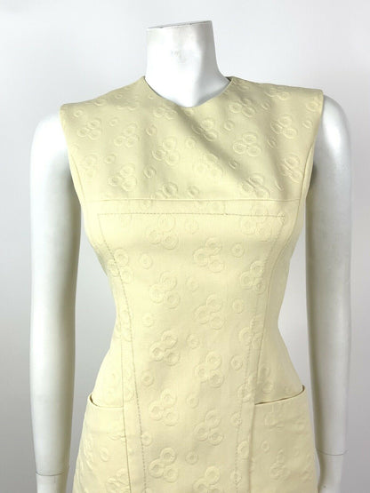 VINTAGE 60s 70s YELLOW CREAM CIRCLE MOD SLEEVELESS MINI DRESS 10 12