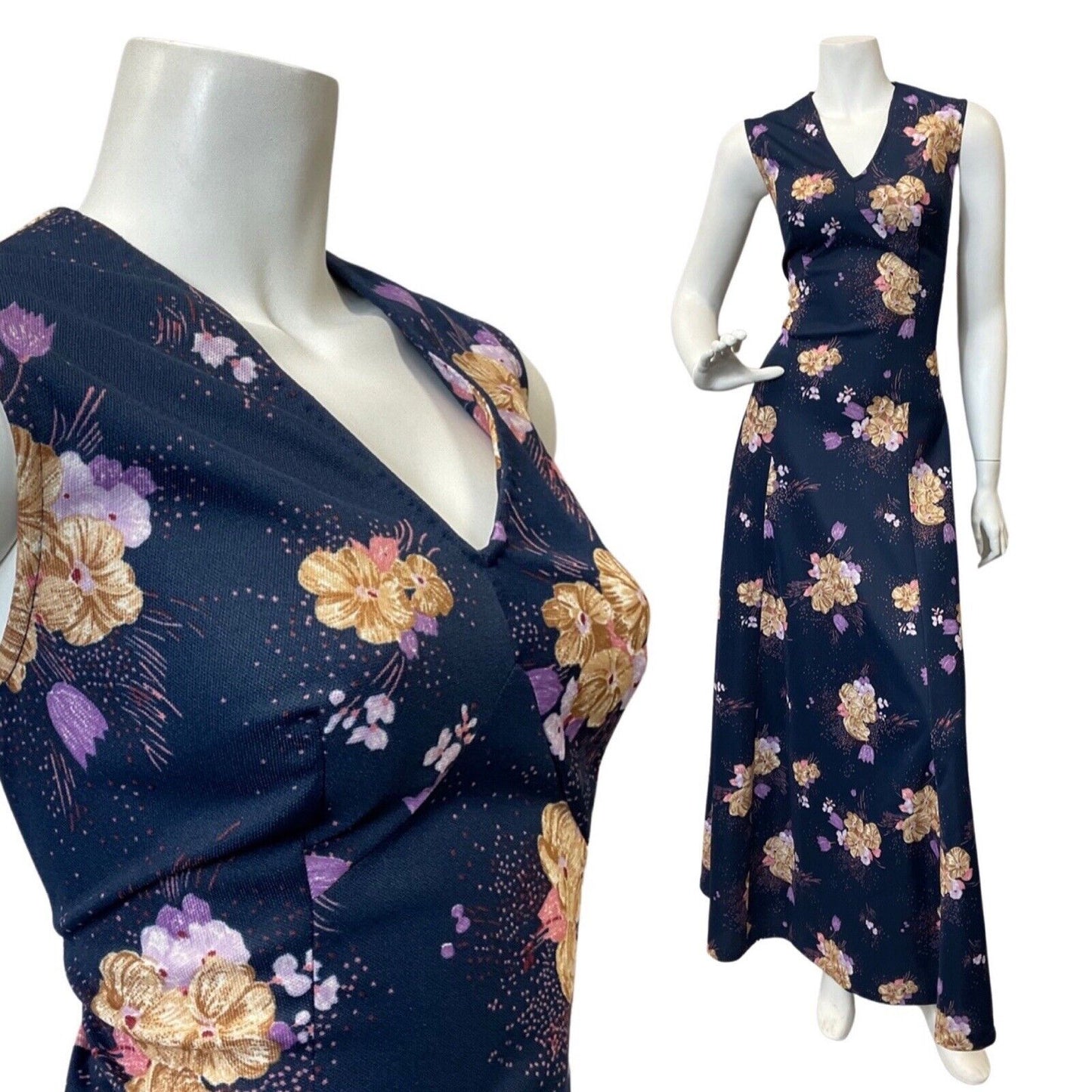 VINTAGE 60s 70s BLUE PURPLE CREAM FLORAL SLEEVELESS MAXI DRESS 10 12