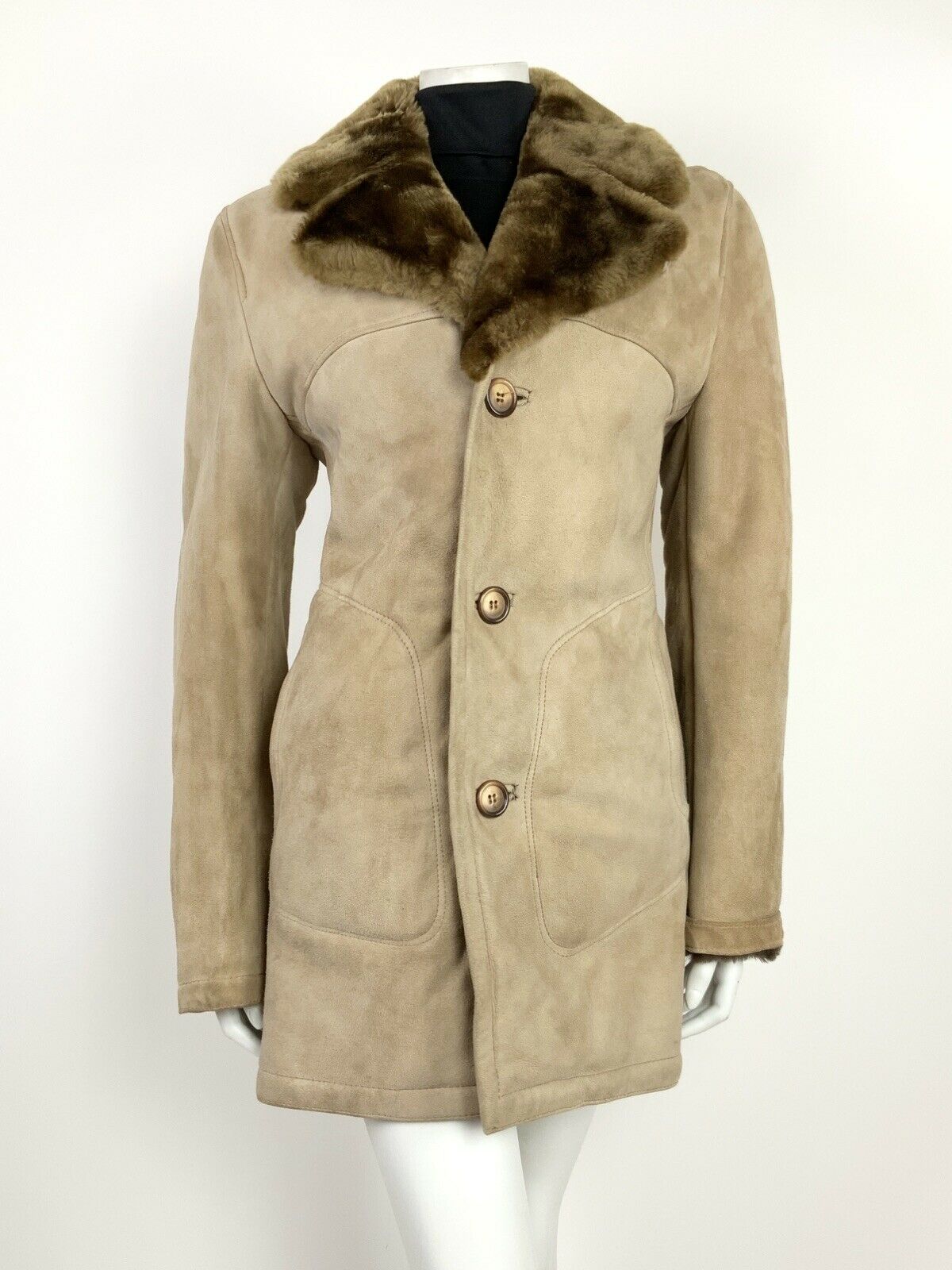 VTG 60s 70s BEIGE BROWN SUEDE LEATHER FUR TRIM SHEARLING HIPPY BOHO COAT 10 12