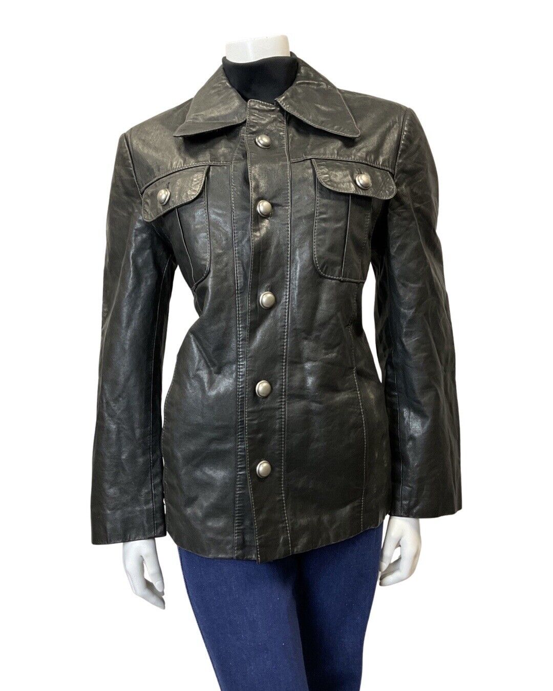 VINTAGE 60s 70s BLACK SILVER DAGGER COLLAR MOD NAPPA LEATHER JACKET 12 14