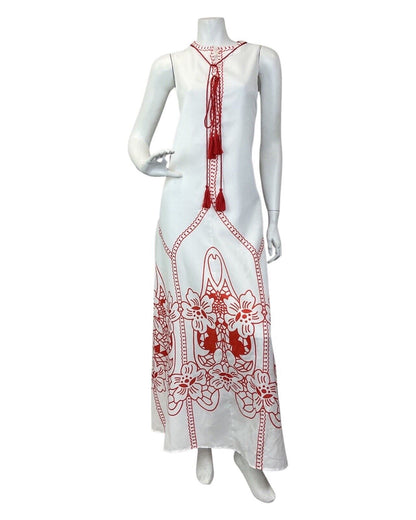 VINTAGE 60s 70s WHITE RED FLORAL BOHO FOLK SLEEVLESS MAXI DRESS 12 14