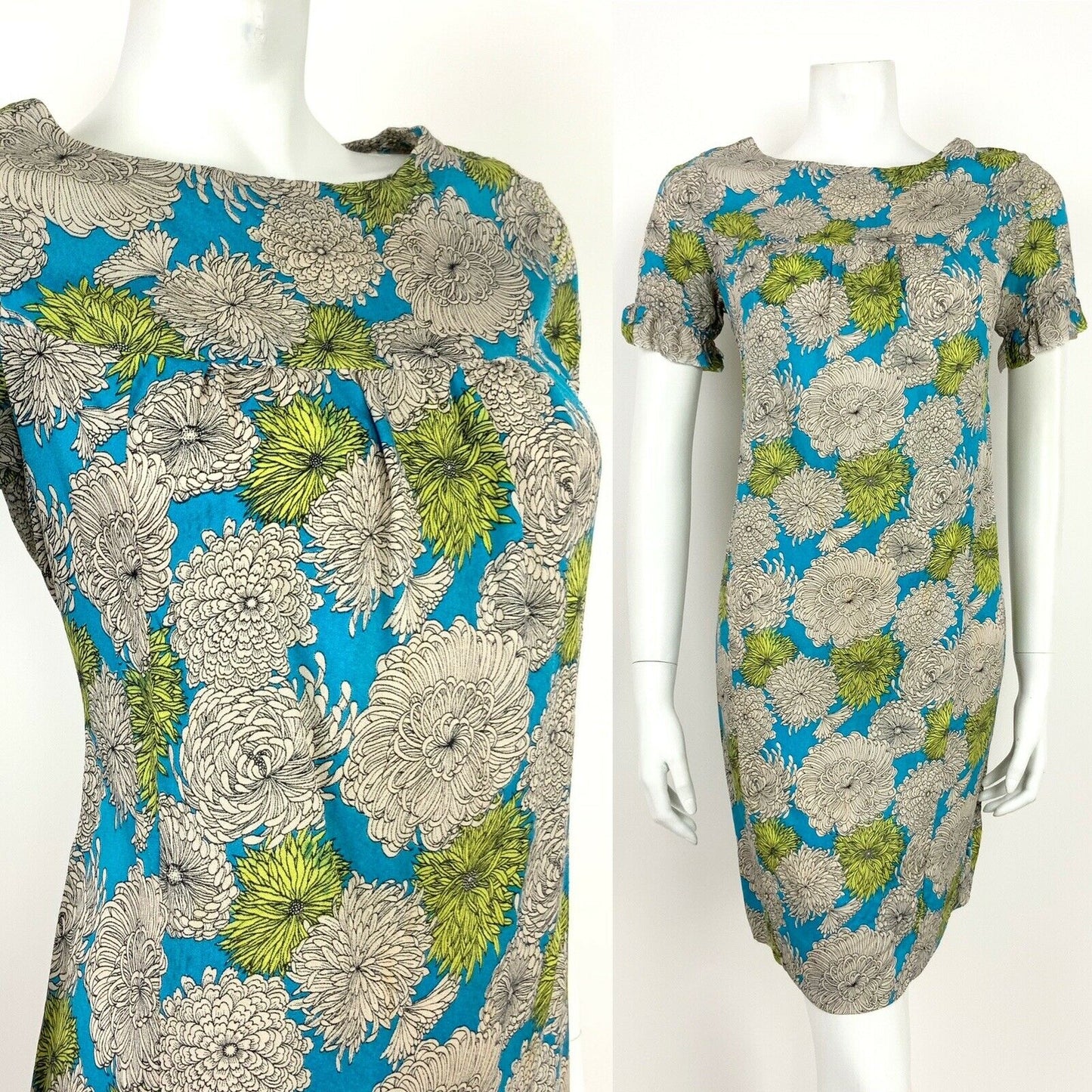 VTG 60s 70s BLUE LIME GREEN CHRYSANTHEMUM  FLORAL PSYCHEDELIC SHIFT DRESS 10 12