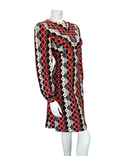 VINTAGE 60s 70s RED BLACK WHITE GEOMETRIC DIAMOND LONGSLEEVE DRESS 12