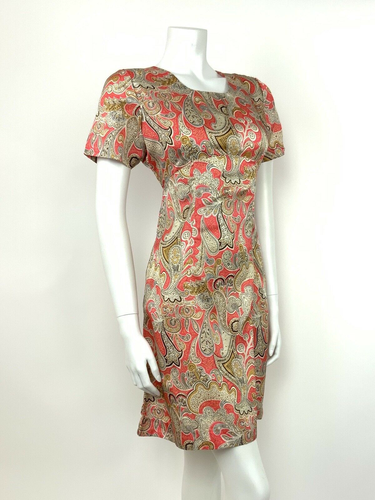 VTG 60s SUMMER DRESS PAISLEY FLORAL PINK SILVER CREAM GREY BROWN GOLD 12