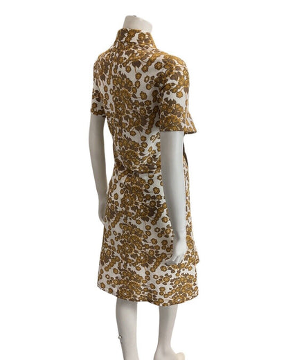 VINTAGE 60s 70s BROWN GOLD WHITE FLORAL LEAFY SPOON COLLAR MOD SHIRT DRESS 14 16