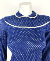 VINTAGE 60s 70s BLUE WHITE POLKADOT PETER PAN COLLAR CROCHETED SHIFT DRESS 6 8