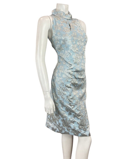 VINTAGE 60s 70s BLUE SILVER FLORAL EMBROIDERED PARTY GLAM STUDIO 54 DRESS 14