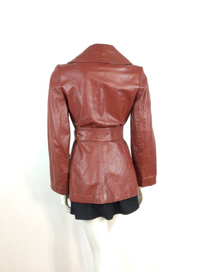 CLASSIC TRUE VINTAGE 60s 70s  BROWN BURGUNDY WINE LEATHER WRAP JACKET 8 10 12