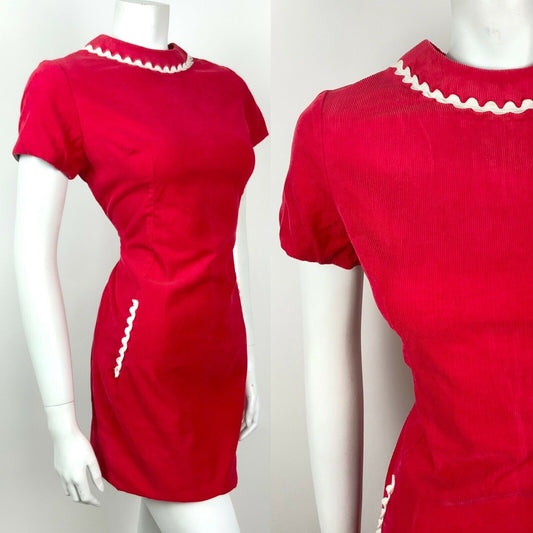 VINTAGE 60s 70s PILLARBOX RED WHITE RICKRACK CORDUROY MOD MINI SHORT DRESS 10 12