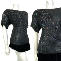 VTG 60s 70s BLACK STRIPED FLORAL SEQUIN BEADED DISCO STUDIO 54 GLAM TOP 18 20