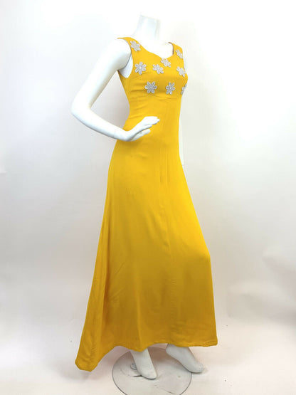 VTG 60s 70s SUNSHINE YELLOW SILVER FLOWER POWER EMPIRE LINE MOD MAXI DRESS 4 6