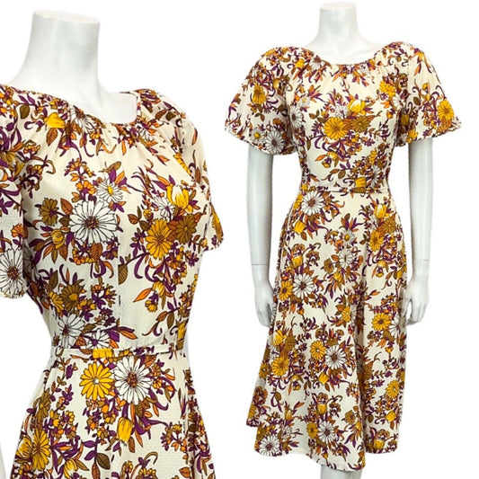 VINTAGE 60s 70s CREAM ORANGE PURPLE BROWN FLORAL PRINT BOHO MIDI DRESS 10 12