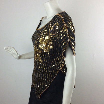 VINTAGE 1970’S BUTTERFLY TOP,BLACK, GOLD SEQUINS, BEADS, DISCO EVENING 8 10