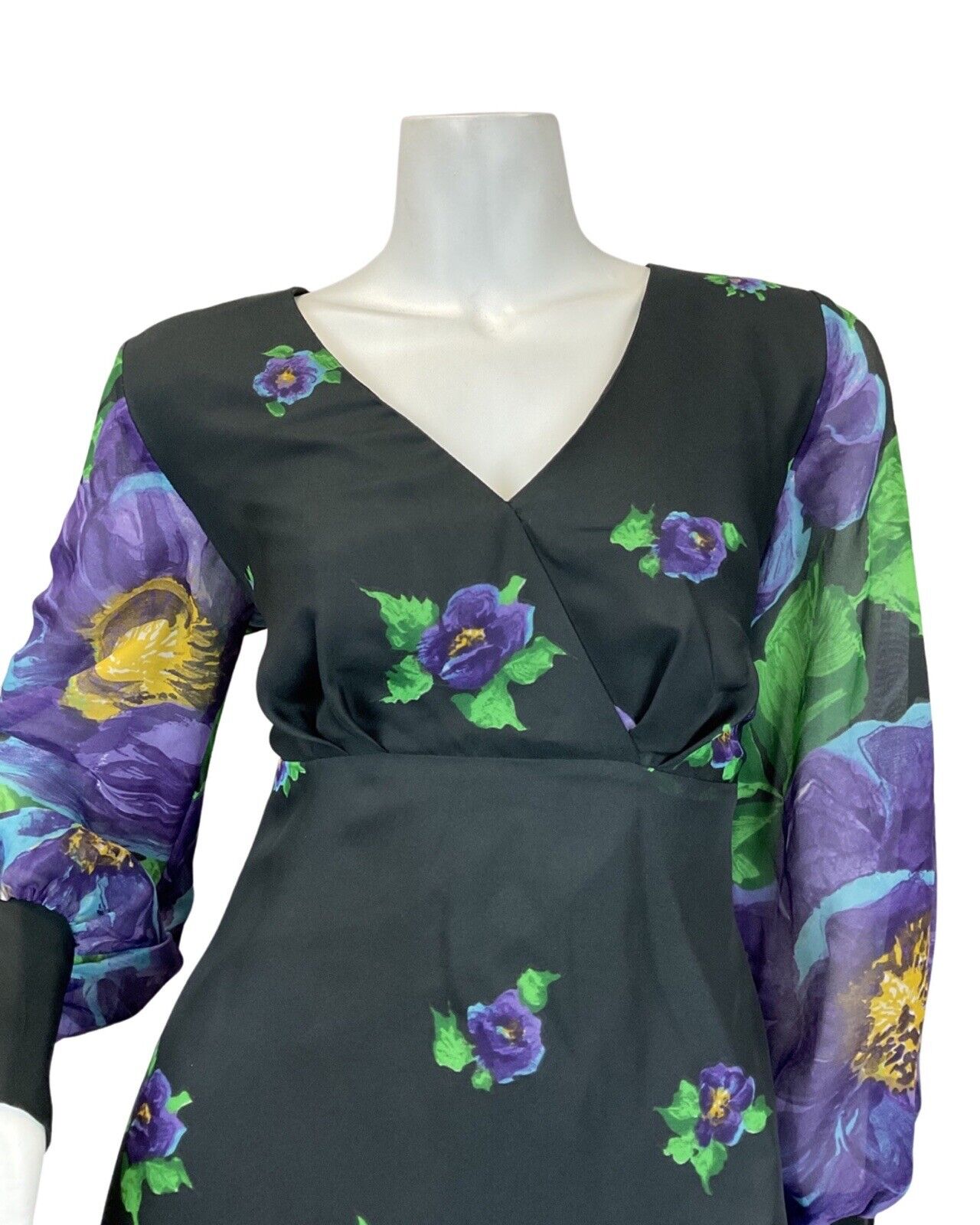 VINTAGE 60s 70s BLACK PURPLE GREEN FLORAL LONG-SLEEVE MAXI DRESS 12 14