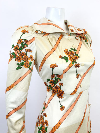 VINTAGE 60s 70s CREAM GOLD ORANGE STRIPED FLORAL ELEGANT WING COLLAR DRESS 8