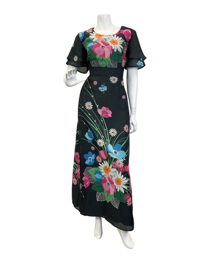 VINTAGE 60s 70s BLACK PINK GREEN FLORAL DAISY MOD SHEER SUMMER MAXI DRESS 14 16