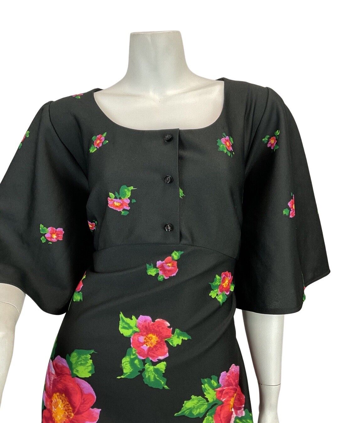 VINTAGE 60s 70s BLACK PINK GREEN FLORAL GARDEN MOD BOHO MAXI DRESS 16