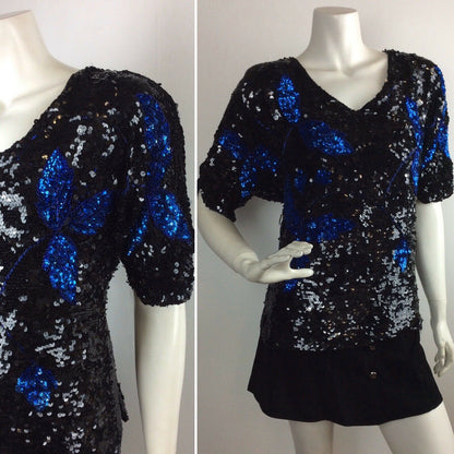 VINTAGE 70’S TOP, BLACK, BLUE SEQUINS, FLOWER PATTERN, PARTY / EVENING, 14 16