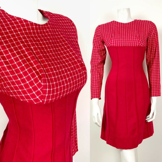 VTG 60s 70s MOD PILLARBOX RED WHITE GRID PLAID CHECKED FLARED DRESS 8 10