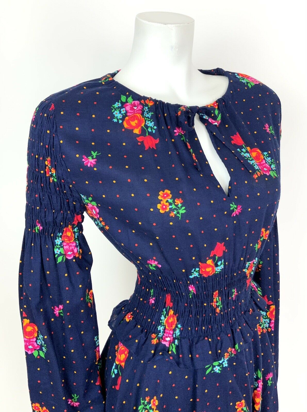 VTG 60s 70s BLUE ORANGE PINK FLORAL POLKA DOT PEPLUM RUCHED BOHO FOLK DRESS 8 10