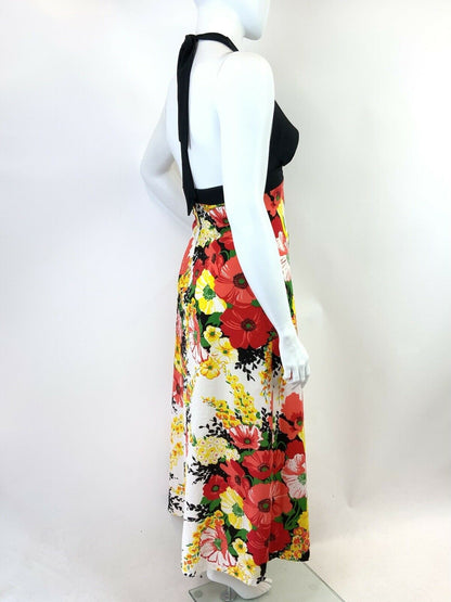 VINTAGE 60s 70s BLACK WHITE YELLOW RED FLORAL PLUNGING HALTER MAXI DRESS 14