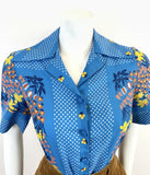 VTG 60s 70s BLUE YELLOW ORANGE FLORAL PSYCHEDELIC CHECKED DAGGER BLOUSE TOP 12