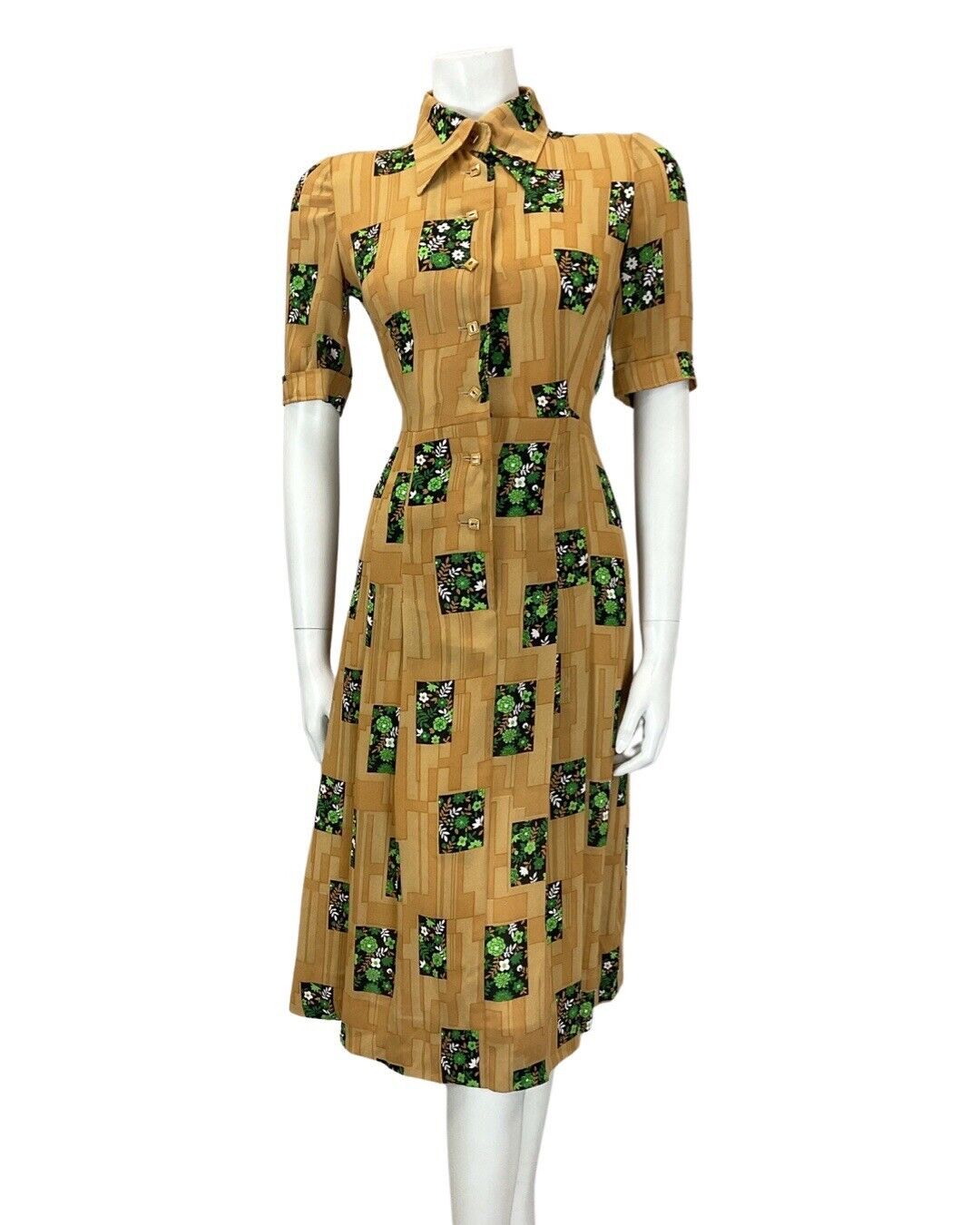 VINTAGE 60s 70s OCHRE YELLOW GREEN GEOMETRIC FLORAL MOD DAGGER SHIRT DRESS 8