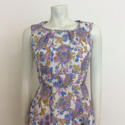 VINTAGE 60S 70s WHITE MUSTARD BLUE PURPLE PAISLEY DRESS 8 10