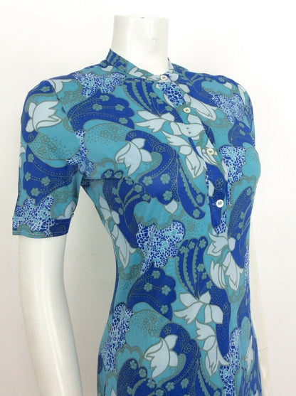 VTG 60S 70S BLUE WHITE TURQUOISE PSYCHEDELIC PRINT DRESS 10 12