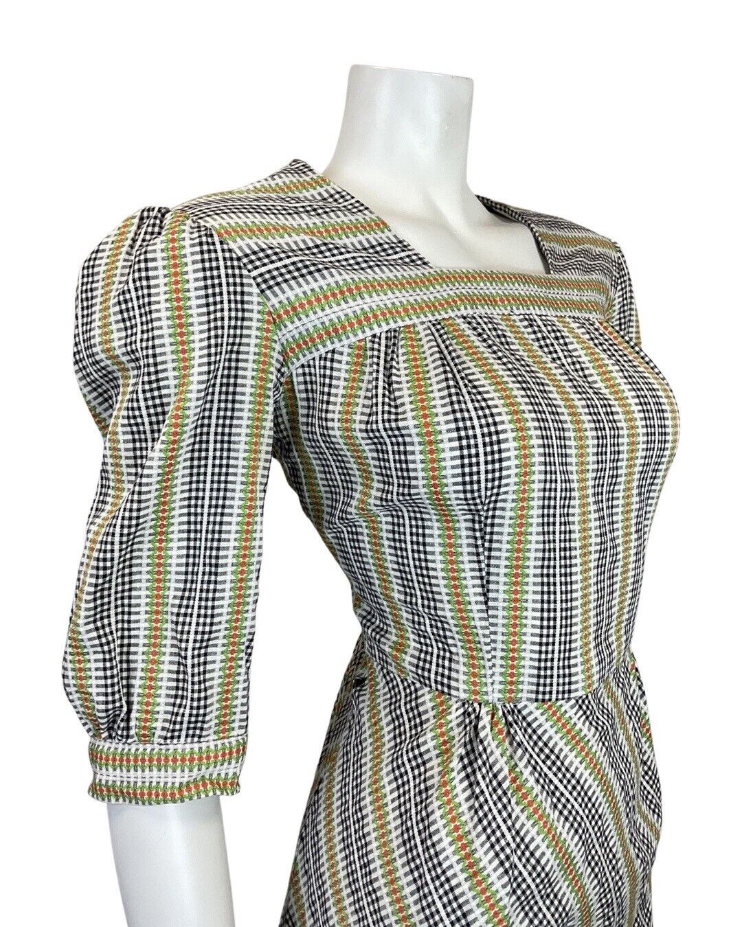 VINTAGE 70s WHITE BLACK GREEN GINGHAM CHECKED PRAIRIE BOHO MIDI DRESS 10 12