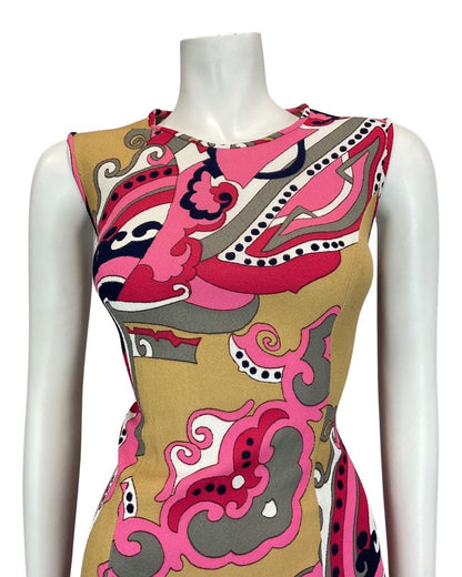 VINTAGE 60s 70s PINK BEIGE GREY PSYCHEDELIC SWIRL MOD SLEEVELESS DRESS 10 12