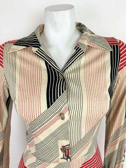 VTG 60s 70s CREAM BLACK RED STRIPED PANTHEON ROMAN PARISIAN SHIRT DRESS 8