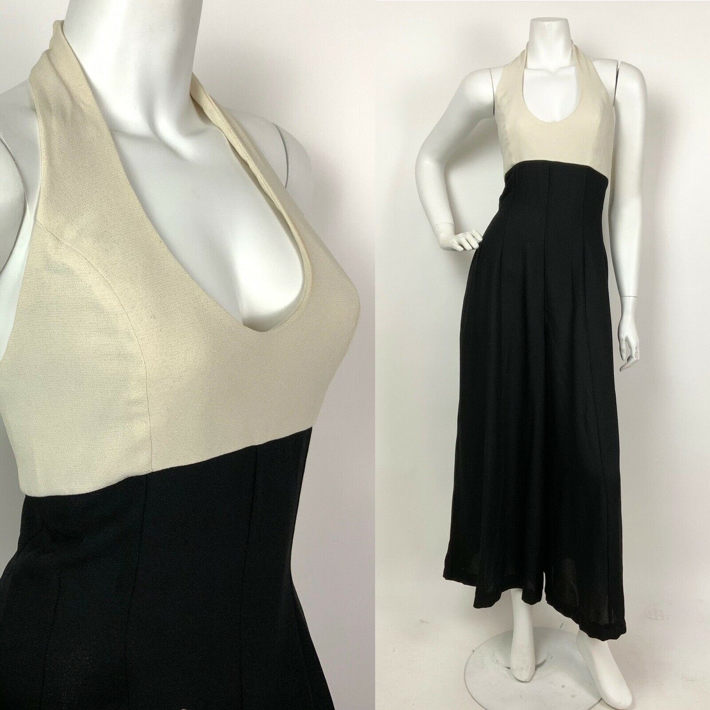 VINTAGE 70s BLACK CREAM PALAZZO HALTER JUMPSUIT 8 10