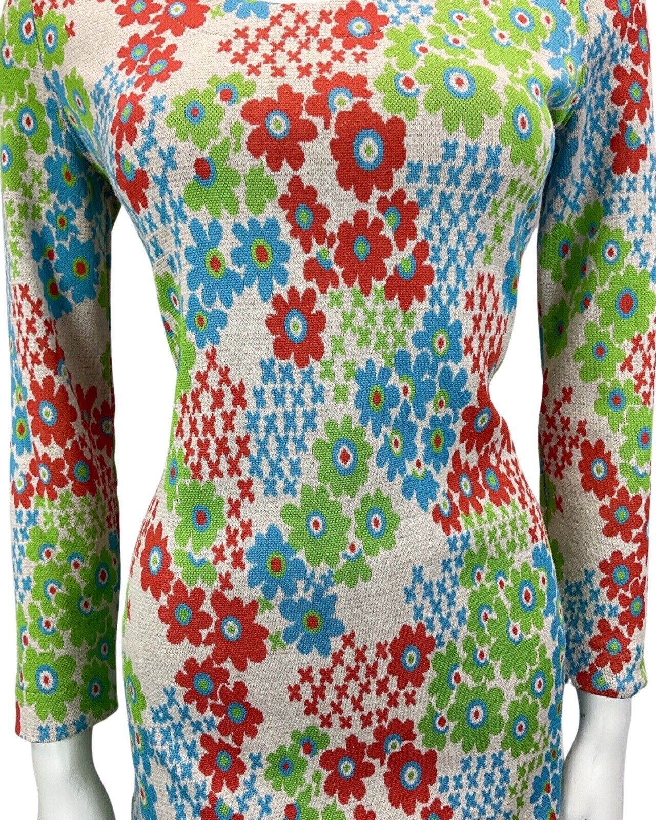 VINTAGE 60S 70S GREY RED GREEN BLUE FLORAL PRINT BOHO MOD MINI DRESS 8