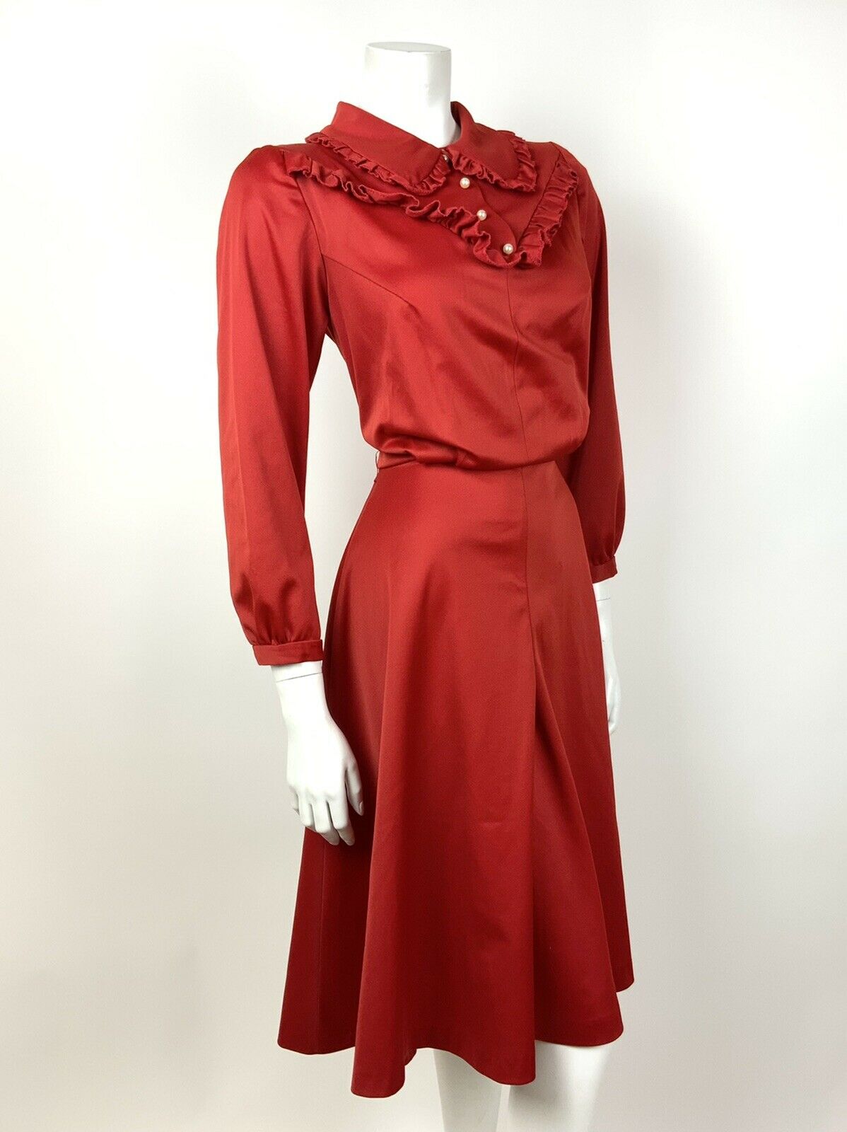 VINTAGE 60s 70s PILLARBOX RED PEARL DOG EAR COLLAR RUFFLED WESTRN DRESS 10 12