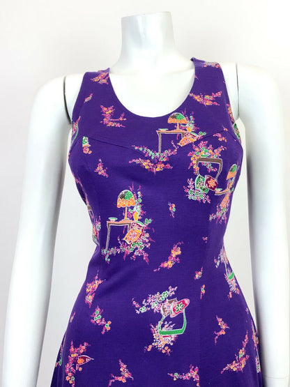 VINTAGE 60s 70s PURPLE ORANGE GREEN FLORAL SLEEVELESS SWING MINI DRESS 10 12