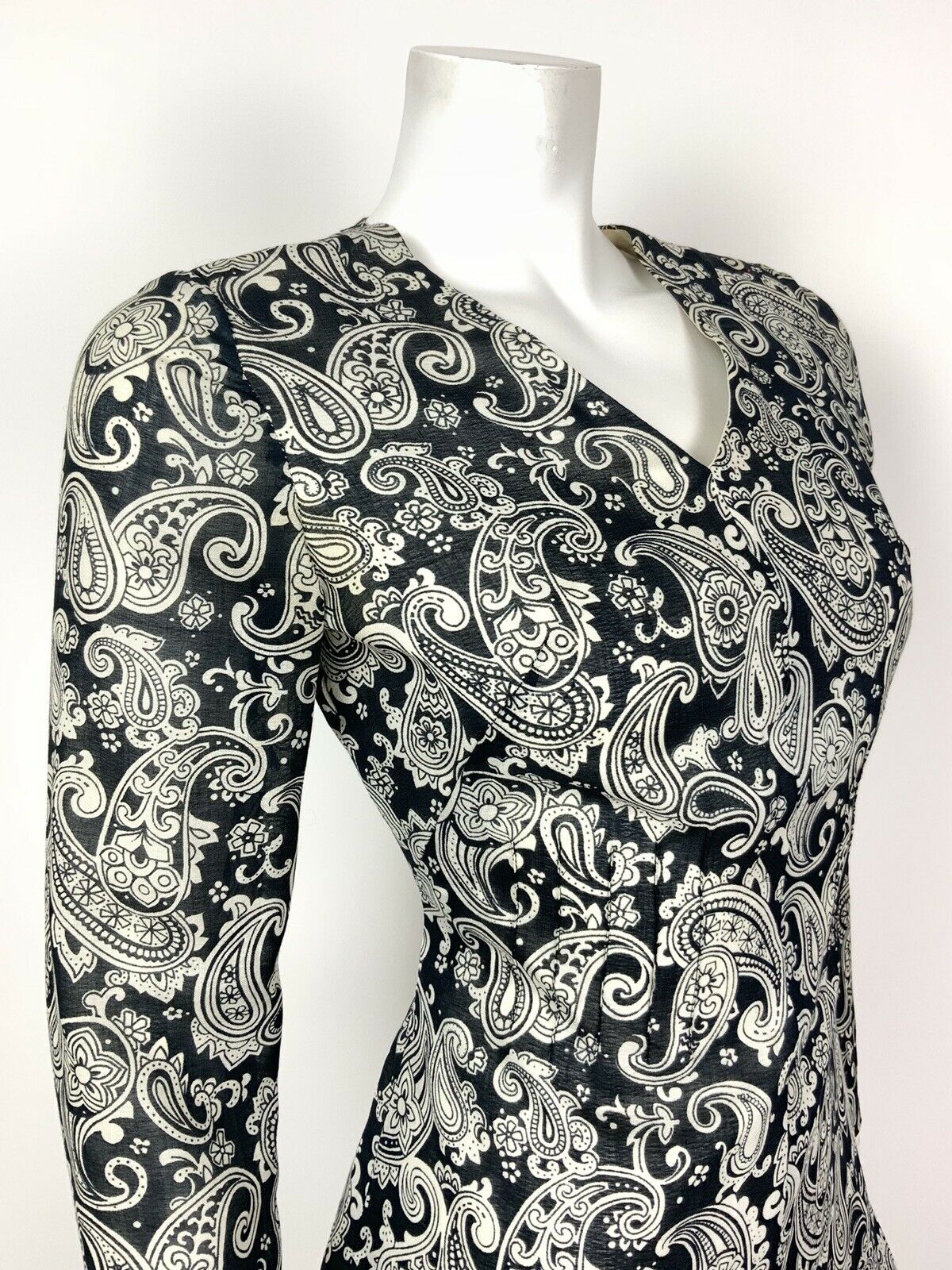 VINTAGE 60s 70s BLUE WHITE PAISLEY FLORAL PSYCHEDELIC RUFFLE DRESS 8 10