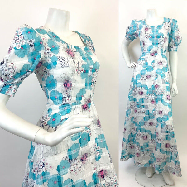 VTG 60s 70s WHITE BLUE PINK FLORAL PUFF SLEEVE PSYCHEDELIC MOD MAXI DRESS 8