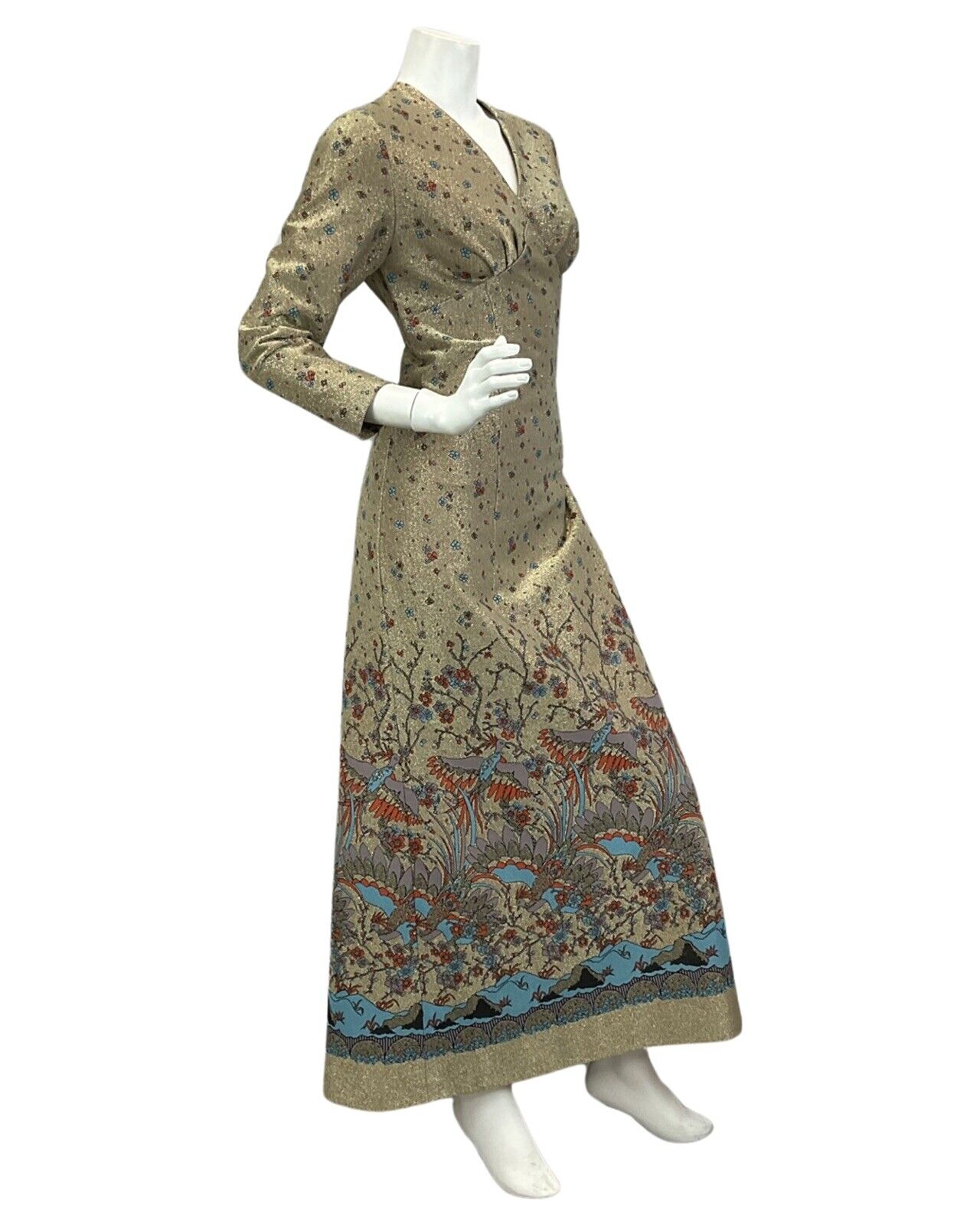 VINTAGE 60s 70s GOLD SPARKLY FLORAL BIRD PRINT DISCO BOHO FOLK  MAXI DRESS 10 12