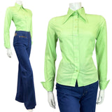 VINTAGE 60s 70s LIME GREEN MOD FRENCH CUFF DAGGER COLLAR SHIRT 10