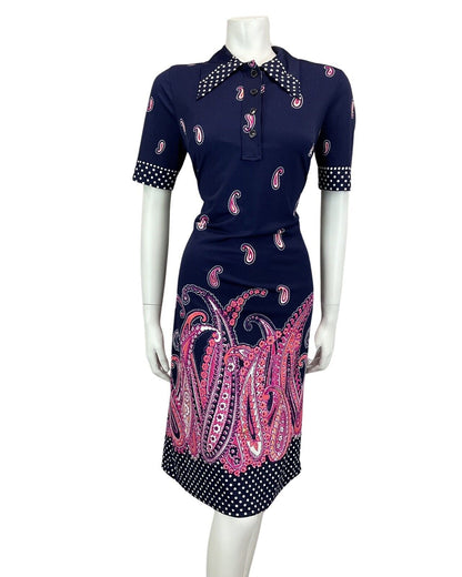 VTG 60s 70s NAVY BLUE PINK CORAL PAISLEY PRINT POLKA DOT MIDI MOD DRESS 12 14