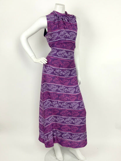 VTG 60s 70s PURPLE LILAC PINK ABSTRACT TURTLENECK SLEEVELESS MAXI DRESS 12 14