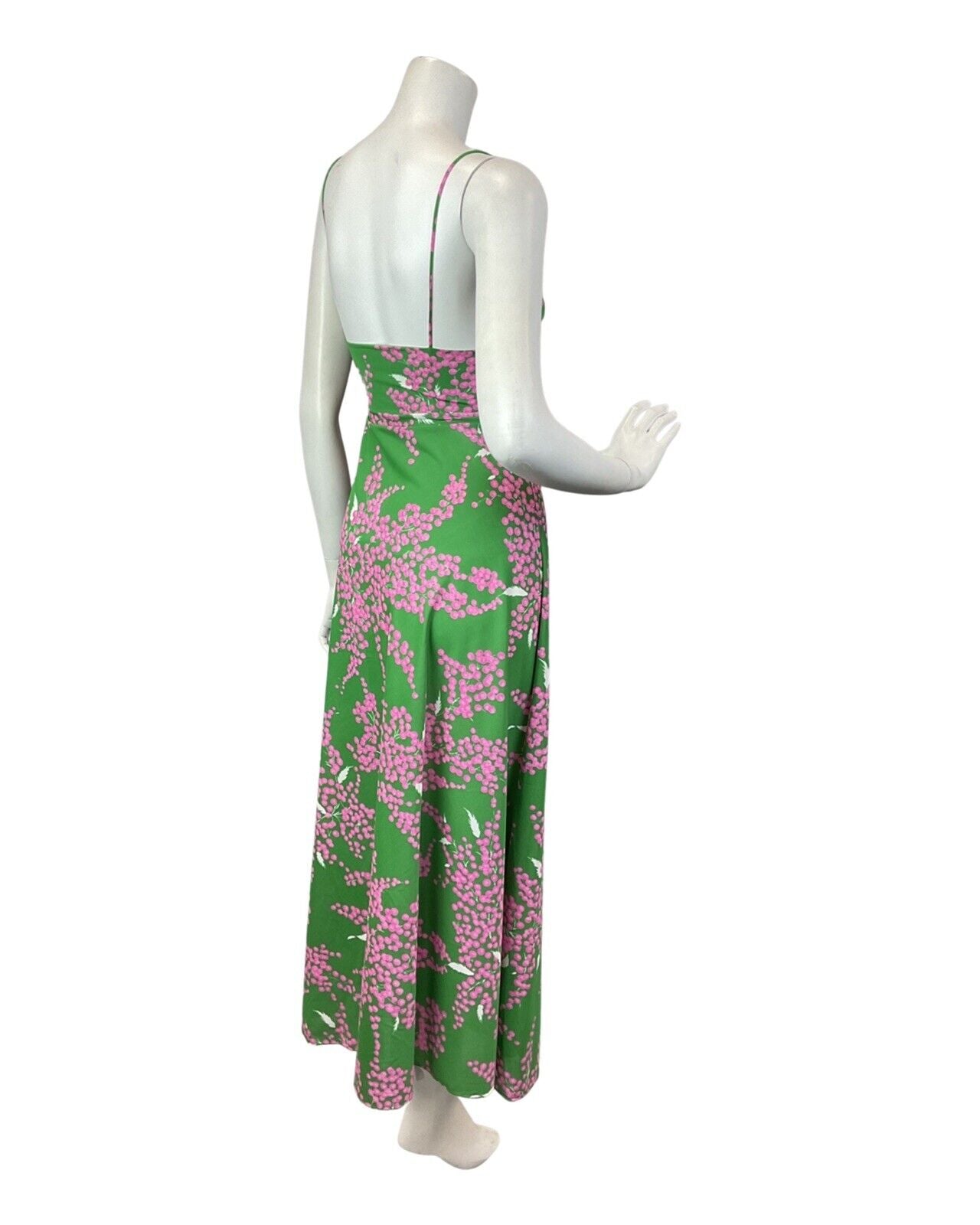 VINTAGE 60s 70s APPLE GREEN PINK FLORAL BLOSSOM SPAGHETTI STRAP MAXI DRESS 8