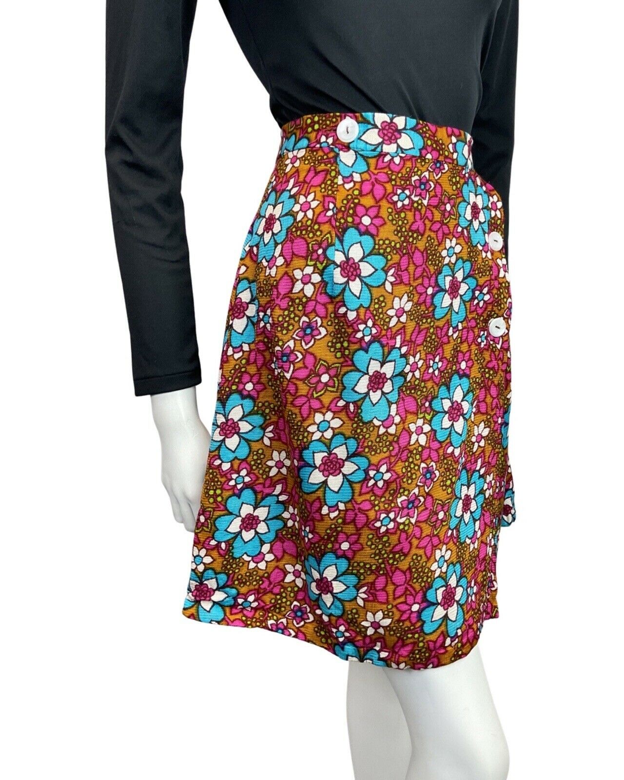 VINTAGE 60s 70s BROWN PINK BLUE FLORAL DAISY PSYCHEDELIC MOD WRAP SHORT SKIRT 8