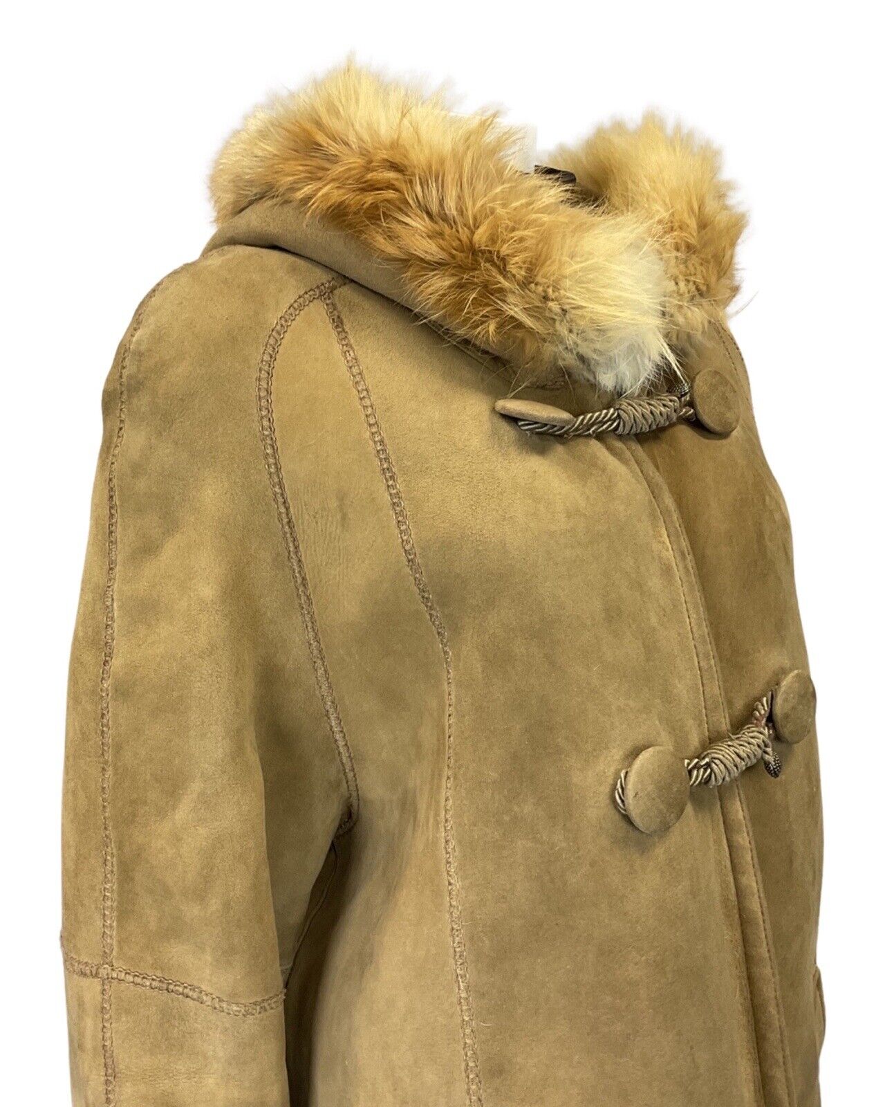 VINTAGE 60s 70s LIGHT BROWN SUEDE HOODED BOHO TENT FLARED SHEARLING COAT 14 16