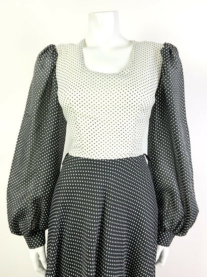 VINTAGE 60s 70s BLACK WHITE POLKA-DOT SHEER PUFF SLEEVE FLOATY MAXI DRESS 8