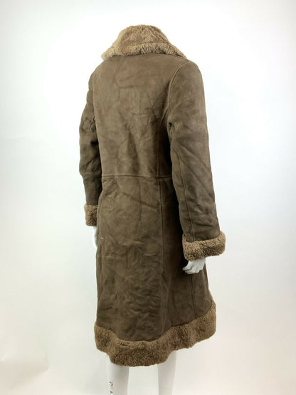 VTG 60s 70s DEEP BROWN DOUBLE-BREASTED SUEDE LEATHER SHEARLING BOHO COAT 12 14