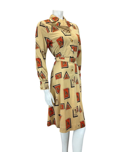 VINTAGE 70s 90s GOLD RED POSTAGE STAMP BUTTERFLY MOD BELTED SHIRT DRESS 8 10