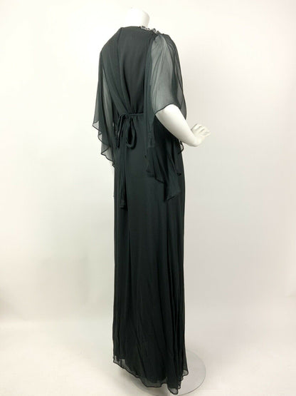 VTG 60s 70s BLACK SILVER BEADED SEQUIN ANGEL WING SHEER PLUNGE MAXI DRESS 8 10