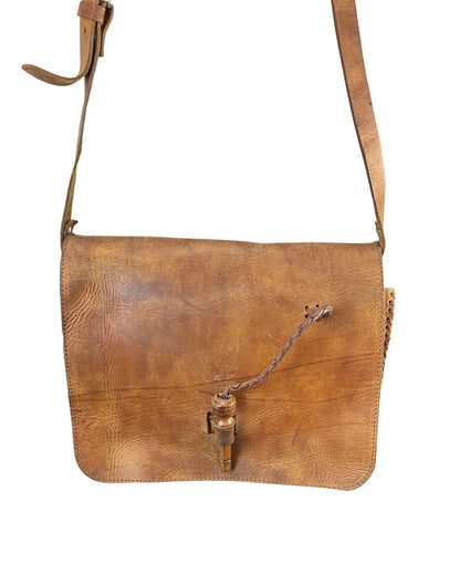 VINTAGE 60s 70s TAN BROWN WOODEN PEG BOHO LEATHER SHOULDER BAG